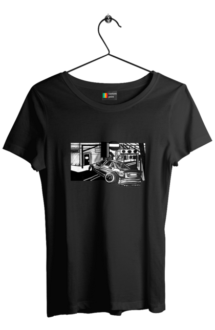 Women`s t-shirt with prints Dangerous Car on the roads of the streets. Black and white, car, dangerous, fast, machine, race. 2070702