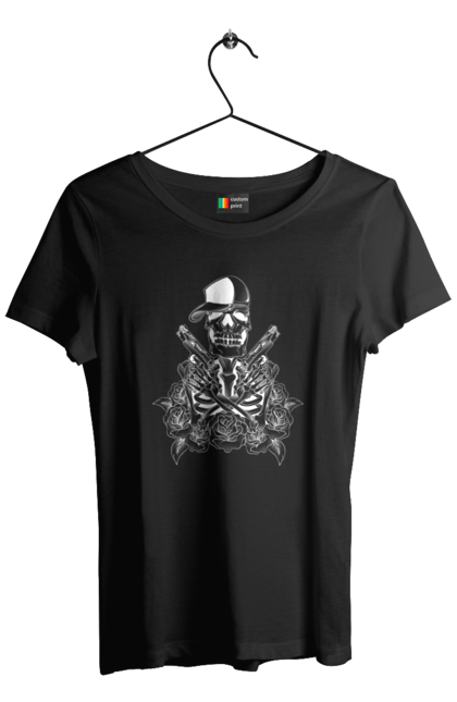 Women's t-shirt with prints Skeleton with pistols. Black and white, bones, cap, gun, roses, scull, skeleton, teeth. 2070702