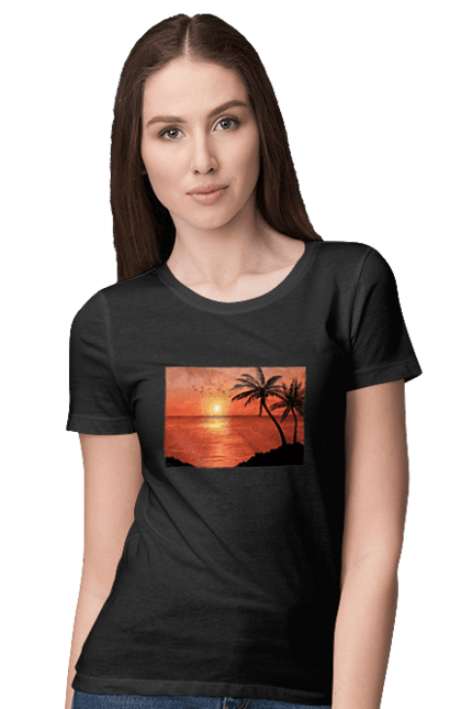 Футболка жіноча з принтом "Захід Пальми Море". Берег, захід, море, пальми. 2070702