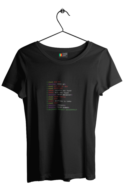 Футболка жіноча з принтом "Життя програміста". Angular, c, css, html, it, javascript, jquery, php, python, react, svelt, vue, айтишник, айті, гумор, код, кодувати, прогер, програміст, програмісти, ти ж, ти ж програміст, тиж програміст. ART принт на футболках
