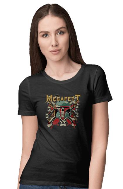 Футболка женская с принтом Megafett. Boba fett, megadeth, megafett, боба фетт, звездные войны, клон, охотник за головами. 2070702