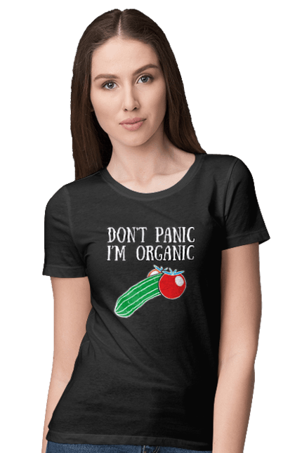 Women's t-shirt with prints Dont panic im organic. Cucumber, fruits, organic, products. CustomPrint.market