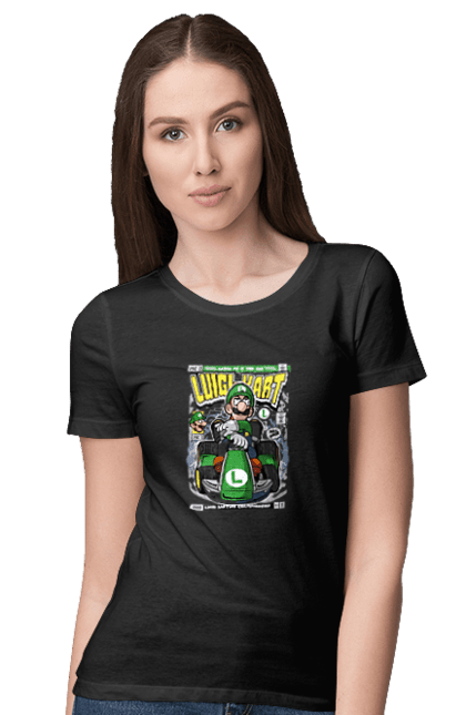 Футболка жіноча з принтом "Luigi Karting". Nintendo, playstaion, автомобіль, гра, зелений маріо, луїджі, маріо. Funkotee