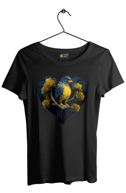 Футболка жіноча з принтом "Синьо жовтий сокіл". Дерево, прапор україни, серце, символ україни, сокіл, україна. 2070702