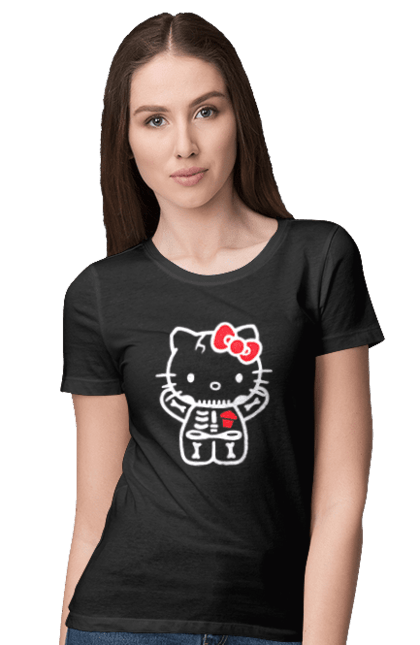 Футболка женская с принтом Хелло Китти Хэллоуин. Halloween, hello kitty, zombie, бренд, зомби, котенок, персонаж, скелет, хелло китти, хэллоуин. 2070702