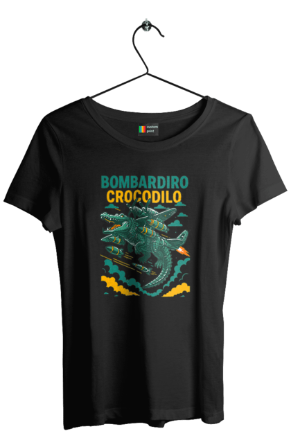 Women`s t-shirt with prints Bombardino Crocodilo. Bombardino, bombardino crocodilo, bombardiro crocodile, brainrot, crocodile, crocodile meme, crocodile plane, crocodilo, italian brainrot, meme. 2070702