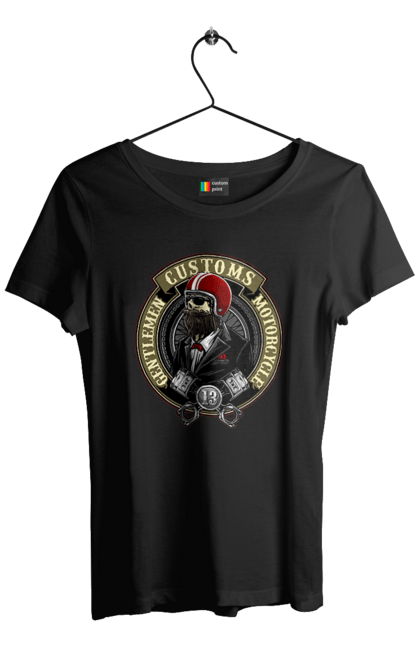 Women`s t-shirt with prints Gentlemen motorcycle. Gentleman, helmet, motorcycle, skull. 2070702