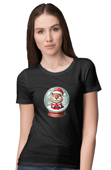 Women's t-shirt with prints Capybara in a snow globe. Animal, capybara, christmas, christmas capybara, gift, holiday, new year, new year`s gift, santa, snow globe. 2070702