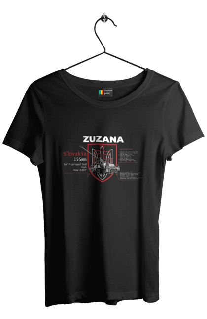 Футболка жіноча з принтом "Zuzana (САУ) два герби (англійська)". Zuzana, гаубиця, два герби, залужний, сюзанна. 2070702