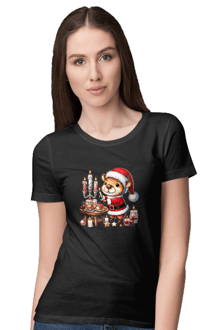 Women's t-shirt with prints Capybara and Christmas Dinner. Animal, capybara, christmas, christmas capybara, christmas dinner, gift, holiday, new year, new year`s gift, santa. 2070702