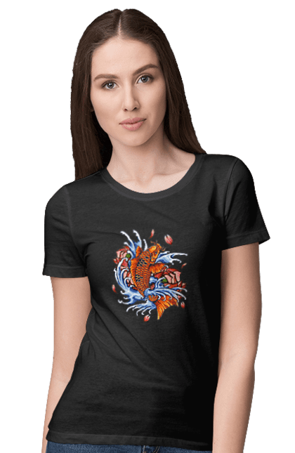 Women`s t-shirt with prints Fish and waves. Fish, flower, wave. 2070702