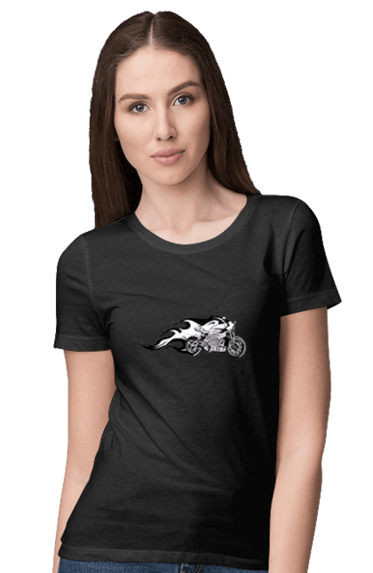Футболка жіноча з принтом "Мотоцикл Вогонь". Мото, мотоцикл, огонь. 2070702