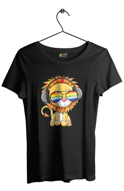 Women`s t-shirt with prints Lion In Glasses And Headphones. Glasses, headphones, lion cub. 2070702