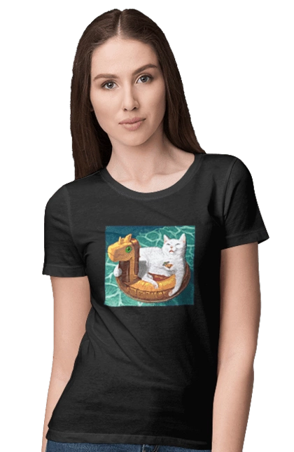 White cat in a swimming circle on vacation