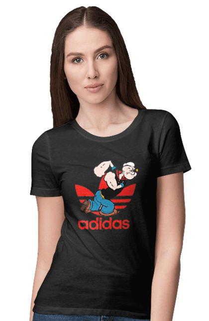 Футболка жіноча з принтом "Adidas Моряк Попай". Adidas, popeye the sailor, адідас, комікс, моряк, мультфільм, серіал, трубка. 2070702