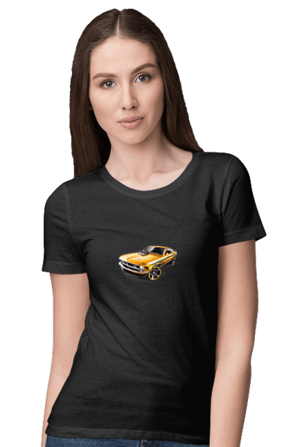 Футболка жіноча з принтом "Форд мустанг". Американська легенда, жовтий мустанг, культове авто, мустанг, потужне авто, форд мустанг, шелбі. 2070702