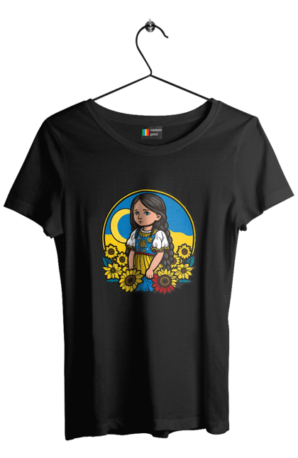 Футболка жіноча з принтом "Мила Українська дівчинка". Блакитний, жовтий, жовто-блакитний, зроблено в україні, патріот, патріоти україни, підтримую україну, прапор україни, україна, українська дівчинка. 2070702