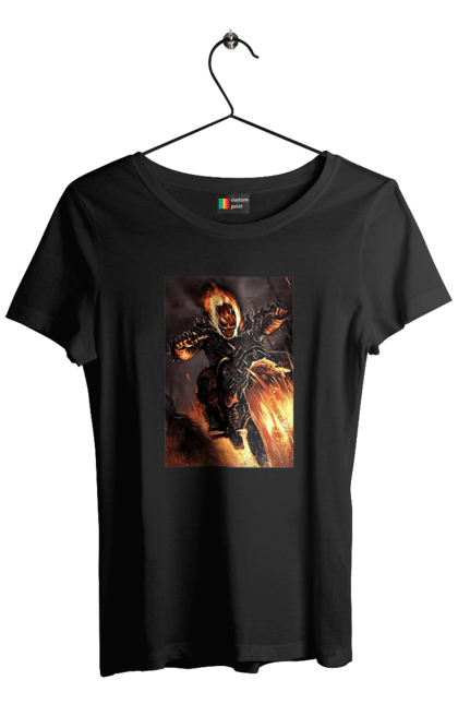 Футболка жіноча з принтом "Пекельний Гонщик". Вогонь, мотоцикл, пекельний гонщик, скелет, чоппер. 2070702