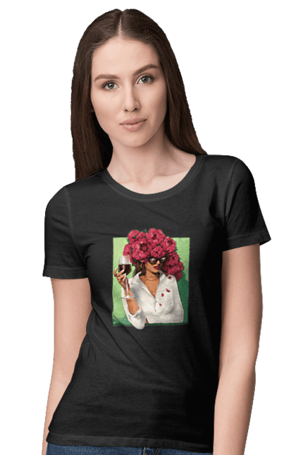 Футболка жіноча з принтом "Дівчина з півоніями та келихом". Вино, дівчина, квітка, келих, літо, окуляри, півонії, сорочка. 2070702