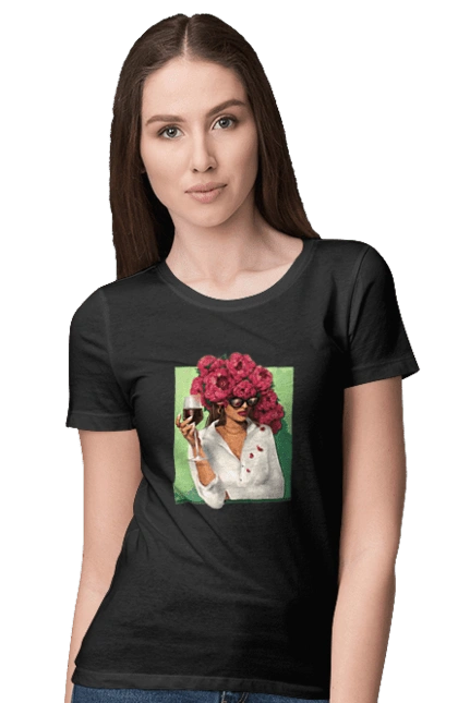 Girl with peonies and a glass