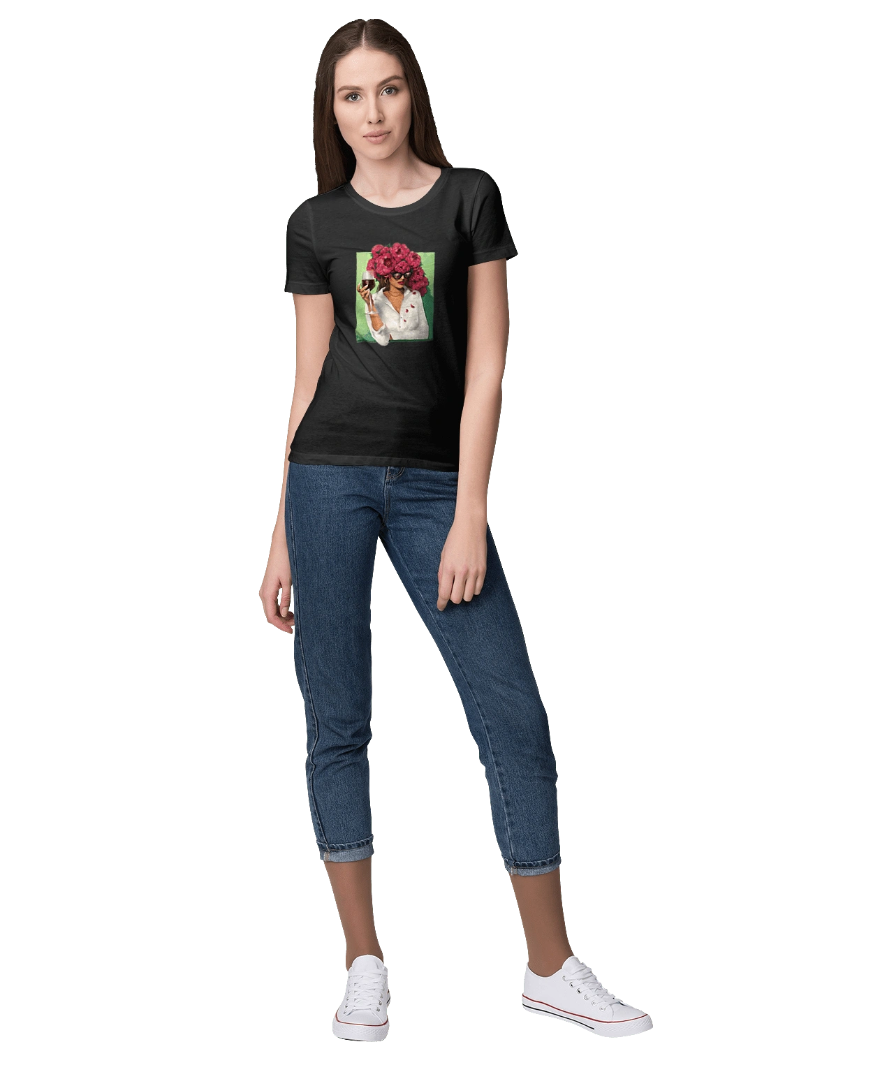 Girl with peonies and a glass