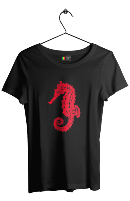 Футболка жіноча з принтом "Морський коник". Відпочинок, квіти, літні канікули, літо, море, морський коник, морські жителі. 2070702