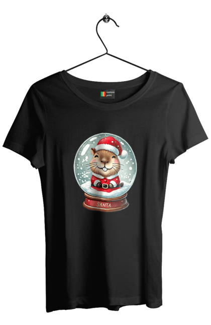 Women's t-shirt with prints Capybara in a snow globe. Animal, capybara, christmas, christmas capybara, gift, holiday, new year, new year`s gift, santa, snow globe. 2070702