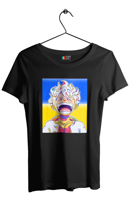 Футболка жіноча з принтом "Монкі д Луффі сміється на жовто блактному фоні". Ван піс, луффі, монкі д. луффі, прапор україни, символ україни, україна. 2070702