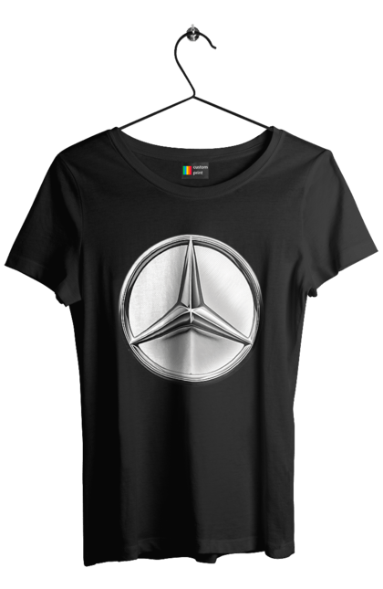 Футболка жіноча з принтом "Mercedes Benz Лого Металік". Авто, автомобіль, логотип мерседес, машини, мерс, мерседес. 2070702
