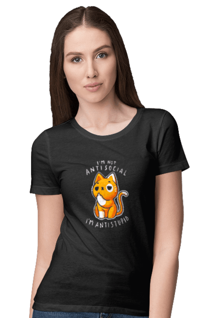 Women's t-shirt with prints I'm not antisocial, I'm antistupid. Antisocial, antistupid, cat, cynicism, hate, humor, irony, joke, meme, sarcasm. 2070702