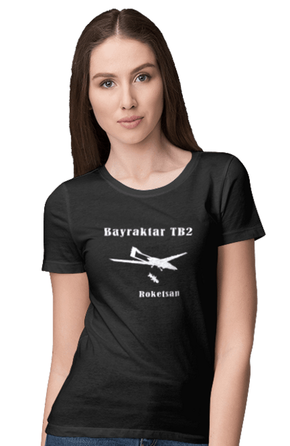 Футболка жіноча з принтом "Bayraktar TB2". Bayraktar, bayraktar tb2, агресія, байрактор, безпілотний, бойовики, війна, донбас, захист, зсу, контратака, літак, оборона, патріот, ракета, удар, ударний, україна. ART принт на футболках
