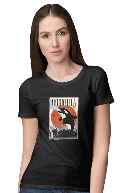 Women's t-shirt with prints Orcazilla. Cartoon style design, graphic, japan print, japanese, japanese art, japanese poster, japanese poster orca, ocean wildlife, orca, orcazilla. 2070702