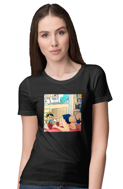 Футболка жіноча з принтом "Буратіно У Дорослій Казці". Бетмен, буратіно, гола, поцілунок, прикол. 2070702