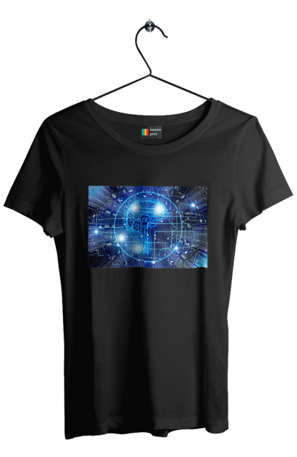 Футболка жіноча з принтом "Штучний інтелект". Айті, айтішник, гік, знання, інженер, інтелект, кібер, кібернетика, кіборг, код, комп, комп`ютерник, кристал, машинне навчання, мікросхема, мозок, портрет, програміст, професіонал, професія, розробник, розум, хакер, чіп, штучний інтелект, штучний розум. 2070702
