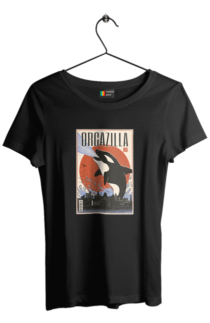 Women's t-shirt with prints Orcazilla. Cartoon style design, graphic, japan print, japanese, japanese art, japanese poster, japanese poster orca, ocean wildlife, orca, orcazilla. 2070702