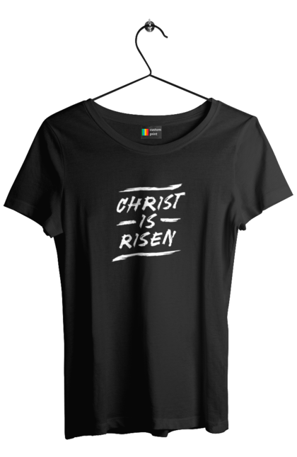 Футболка жіноча з принтом "Христос воскрес (англ.) Білий напис пензлем". Великдень, великдень христовий, воскресіння христове, ісус христос, пензлик, релігія, свято, християнство, христос воскрес. KRUTO.  Магазин популярних футболок