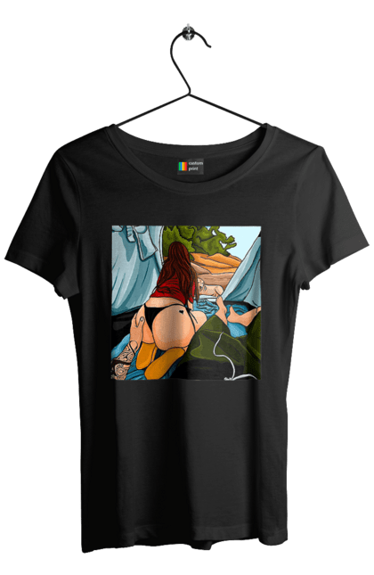 Футболка жіноча з принтом "Відпочинок З Улюбленою У Палатці". Відпочинок, жопа, палатка, собака. 2070702