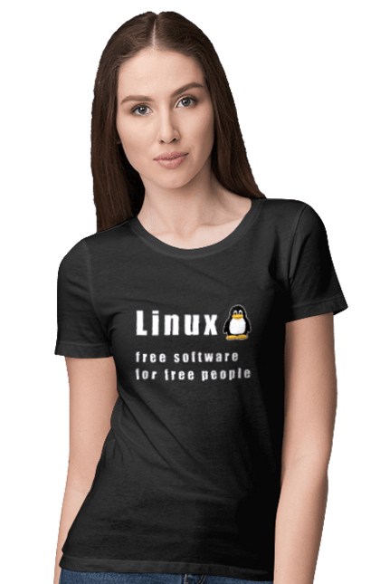 Футболка жіноча з принтом "Linux Вільний Для Вільних". Linux, адміністратор, айті, айтішник, безкоштовна, безкоштовно, білий, вільна, доступність, незалежність, операційна система, ос, пінгвін, програміст, програмне забезпечення, свобода, сервер, сисадмін, система, системний адміністратор, софт, текст. 2070702