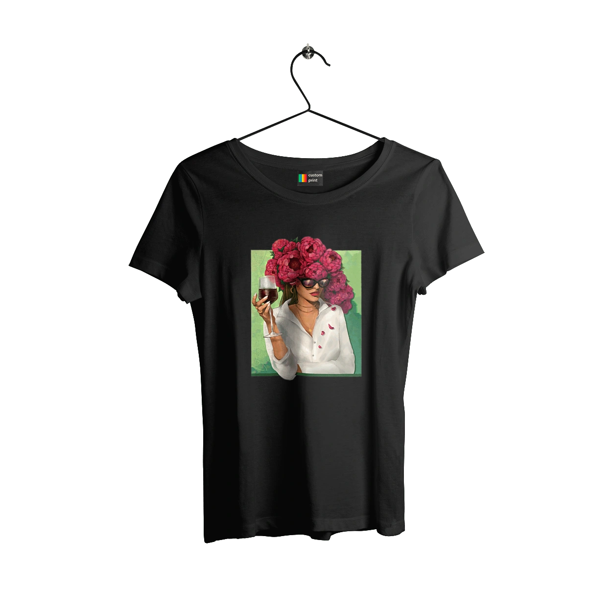 Girl with peonies and a glass