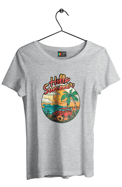 Women`s t-shirt with prints Hello Summer, Car By The Sea. Beach, island, palm, summer. 2070702