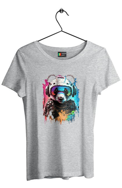 Women`s t-shirt with prints Panda in VR Helmet. Character, geek, helmet, panda, virtual reality. 2070702