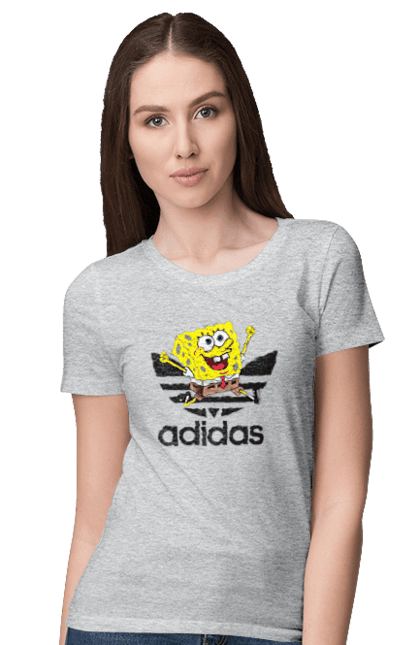 Футболка женская с принтом Adidas Губка Боб. Adidas, spongebob, адидас, баскетбол, губка боб, мультик, мультсериал, мяч, спанч боб, спорт. 2070702