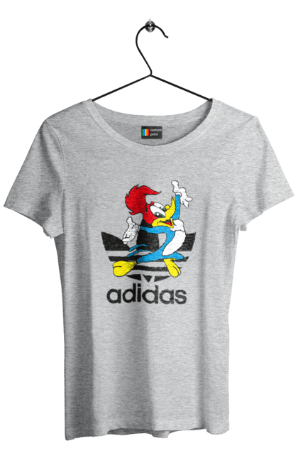 Футболка женская с принтом Adidas Вуди Вудпекер. Adidas, woody woodpecker, адидас, вуди, вуди вудпекер, дятел вуди, мультсериал. 2070702