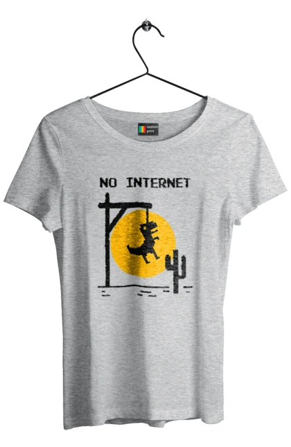 Футболка жіноча з принтом "No Internet". Айті, без інтернету, гумор, динозавр повісився, мем, немає інтернету, прикол, смішна. 2070702