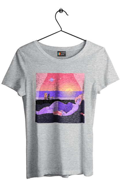Women`s t-shirt with prints Purple Girl On Vacation. Girl, sunset, telephone. 2070702