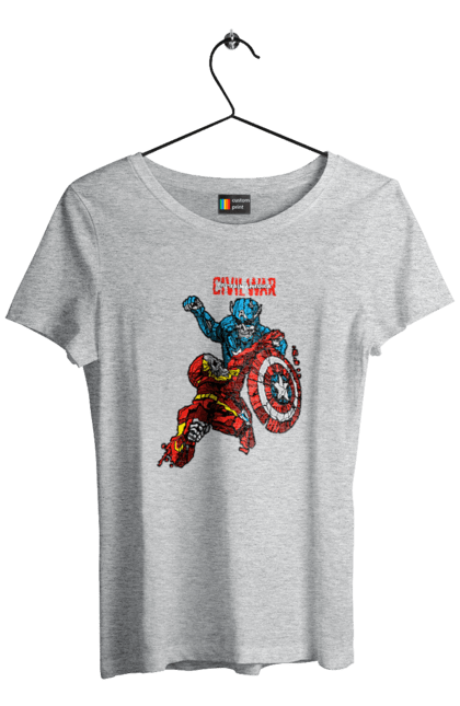 Футболка жіноча з принтом "Залізна людина vs Капітан Америка". Captain america, civil war, iron man, marvel, marvel comics, залізна людина, капітан америка, комікс, марвел, тоні старк. 2070702