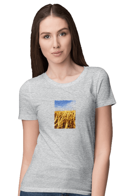 Women`s t-shirt with prints Ukraine. Beauty, blue, field, nature, sky, wheat. 2070702