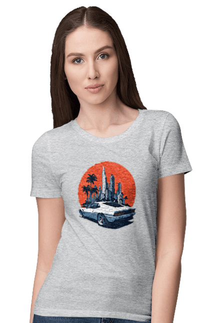 Women`s t-shirt with prints Car. Race, speed, sport car, sunset. 2070702