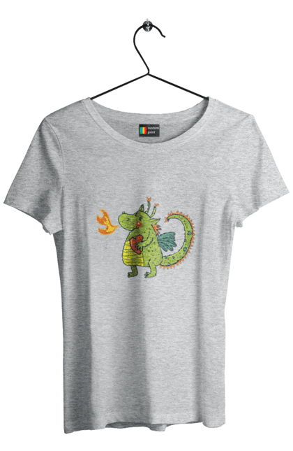 Women's t-shirt with prints Dragon in love. Dragon, fire, green dragon, heart, hearts, love, new year, symbol 2024. 2070702