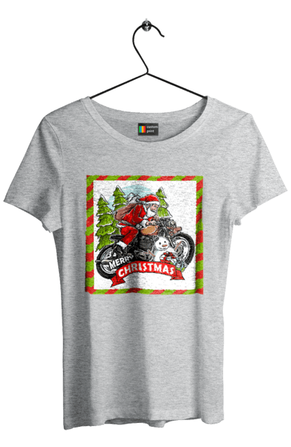 Футболка жіноча з принтом "Санта на мотоциклі". Мотоцикл, новий рік, подарунки, різдво, санта, сніговик, ялинка. 2070702